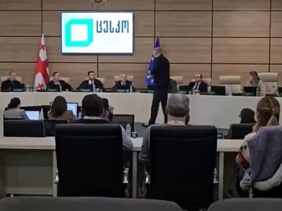 پاشیدن رنگ سیاه به رئیس کمیسیون مرکزی انتخاباتی گرجستان در جریان بررسی پروتکل نهایی انتخابات توسط یکی از مخالفان + فیلم