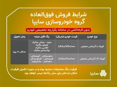 عرضه محصولات گروه سایپا بدون قرعه‌کشی در سامانه یکپارچه تخصیص خودرو
